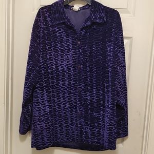 YMLA, Purple Velour,Long sleeve Button Up Blouse, Geometric Pattern With a Lapel